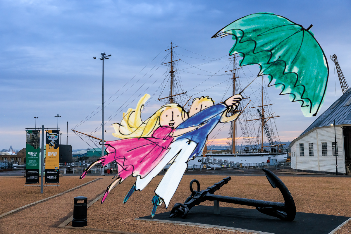Quentin Blake drawing of umbrella with Dockyard in the background