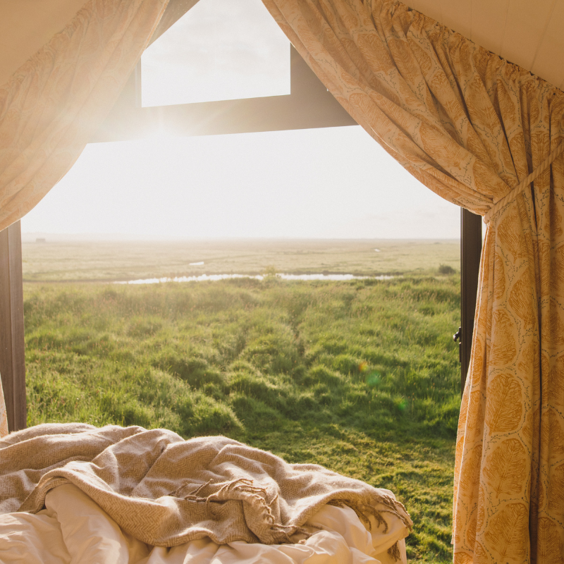 View of end of bed looking out to landscape at Elmley Nature Reserve