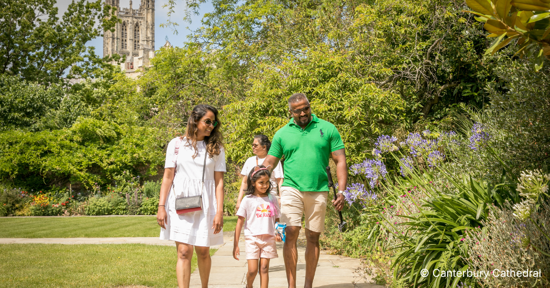 Family walking in precincts at Canterbury Cathedral