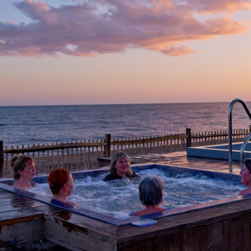 Hot tub at sunset at Sea Scrub Sauna